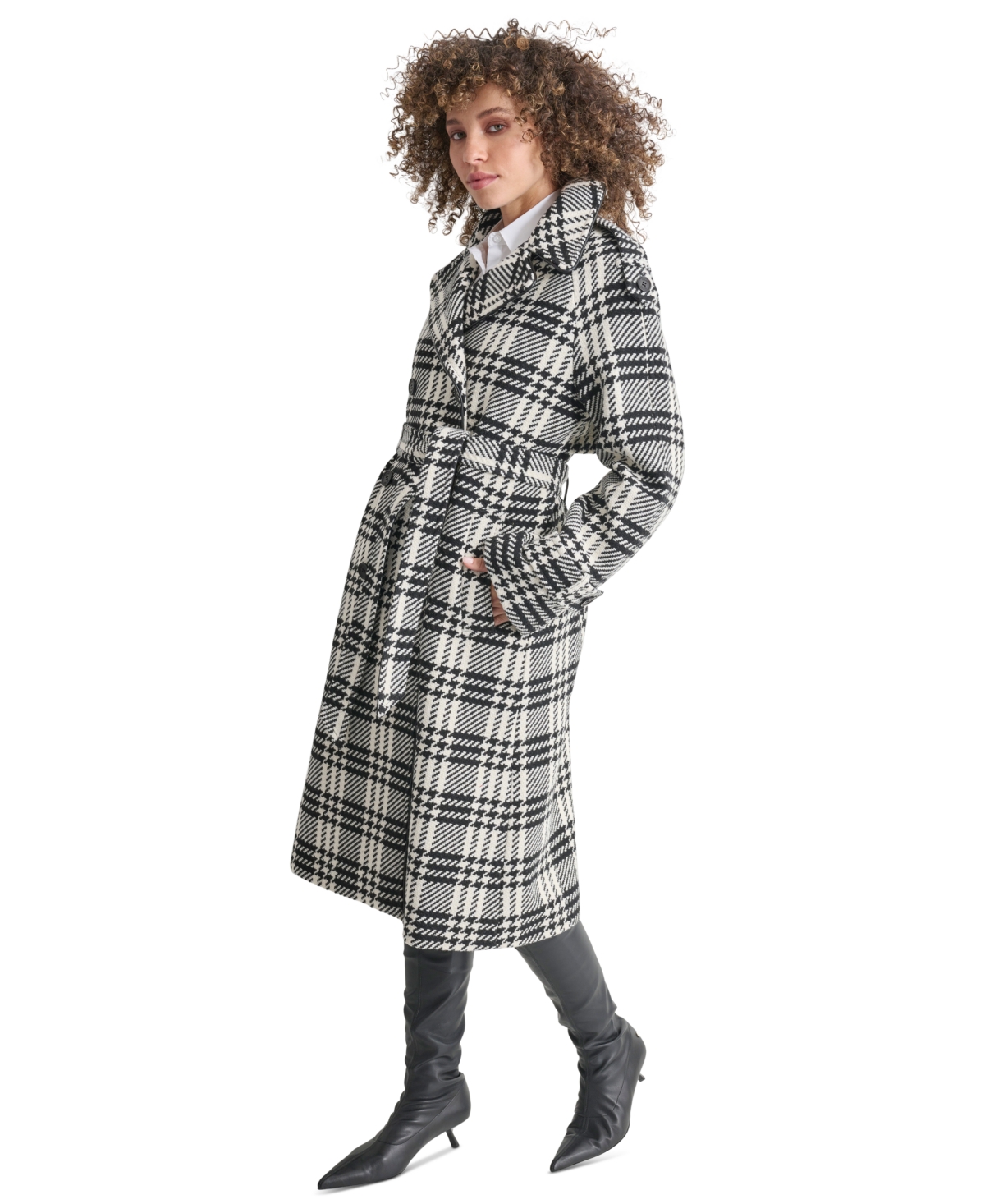 Shop Dkny Women's Wool Blend Double-breasted Wrap Coat In Black,white Plaid