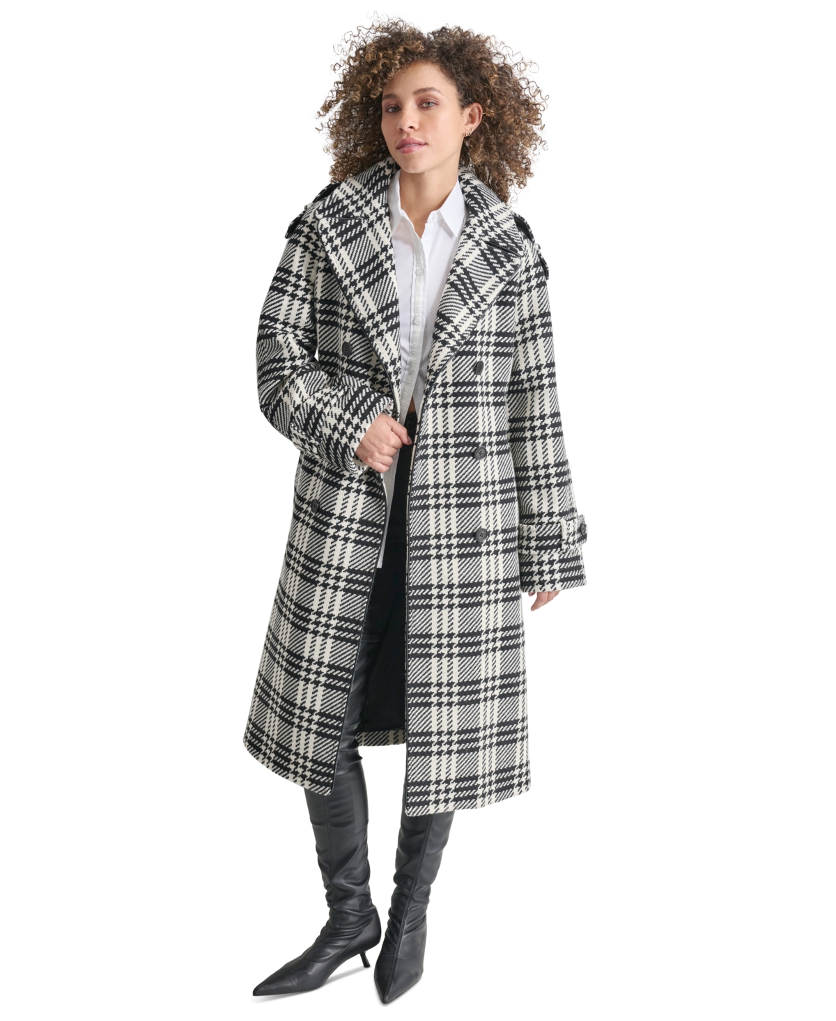 Shop Dkny Women's Wool Blend Double-breasted Wrap Coat In Black,white Plaid