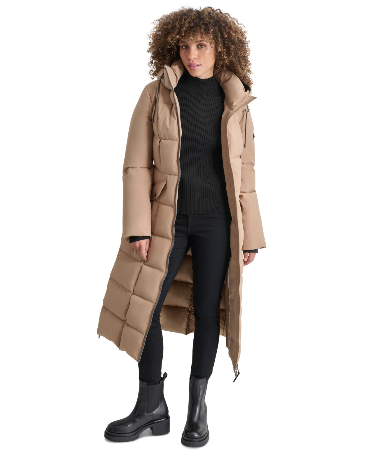 Shop Dkny Womens Maxi Belted Hooded Puffer Coat In Camel