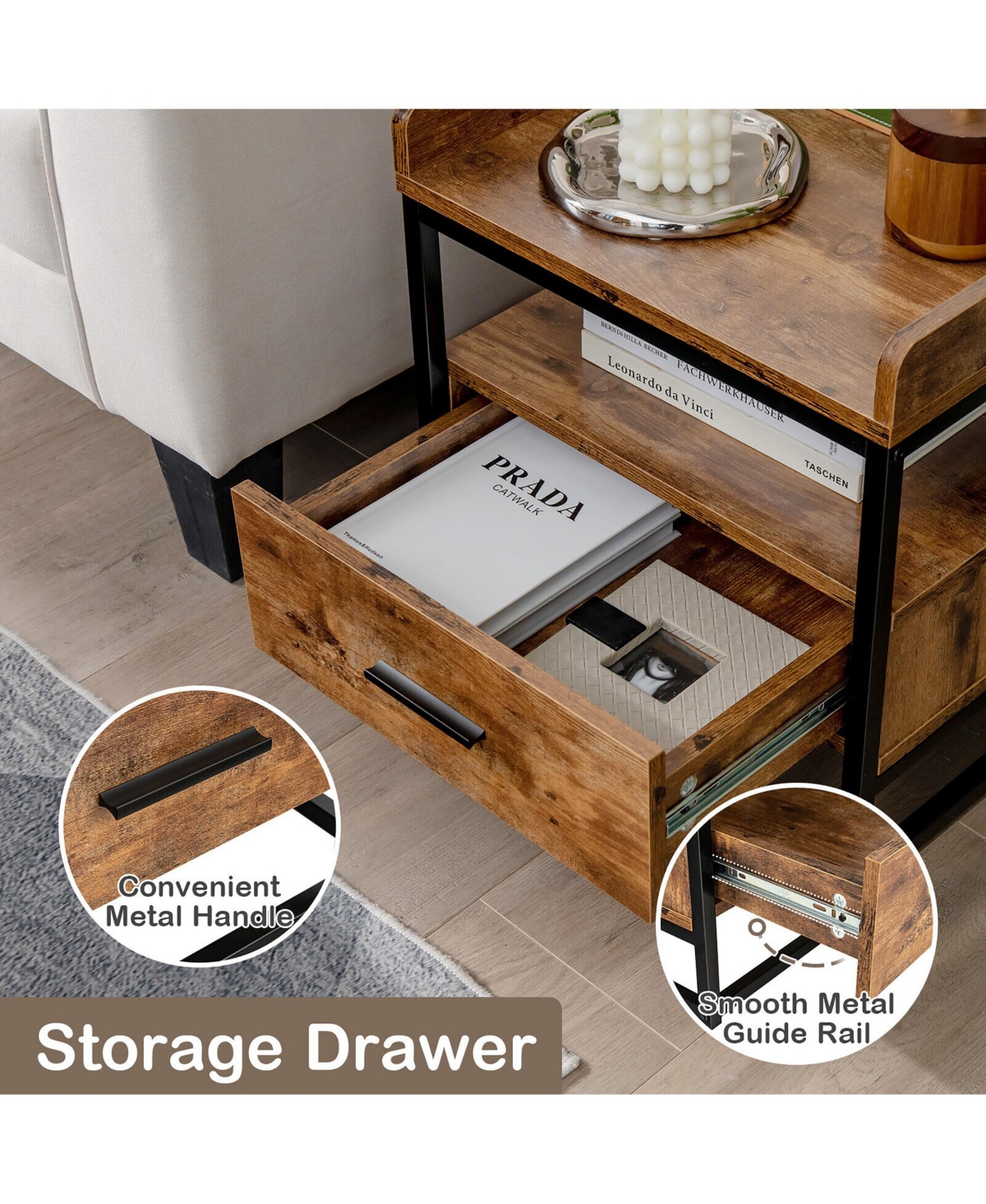 Gymax Nightstand Side End Sofa Table w/ Drawer Metal Frame for Living Room Bedroom
