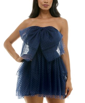 B Darlin - Juniors' Bow-Trim Polka-Dot Strapless Dress