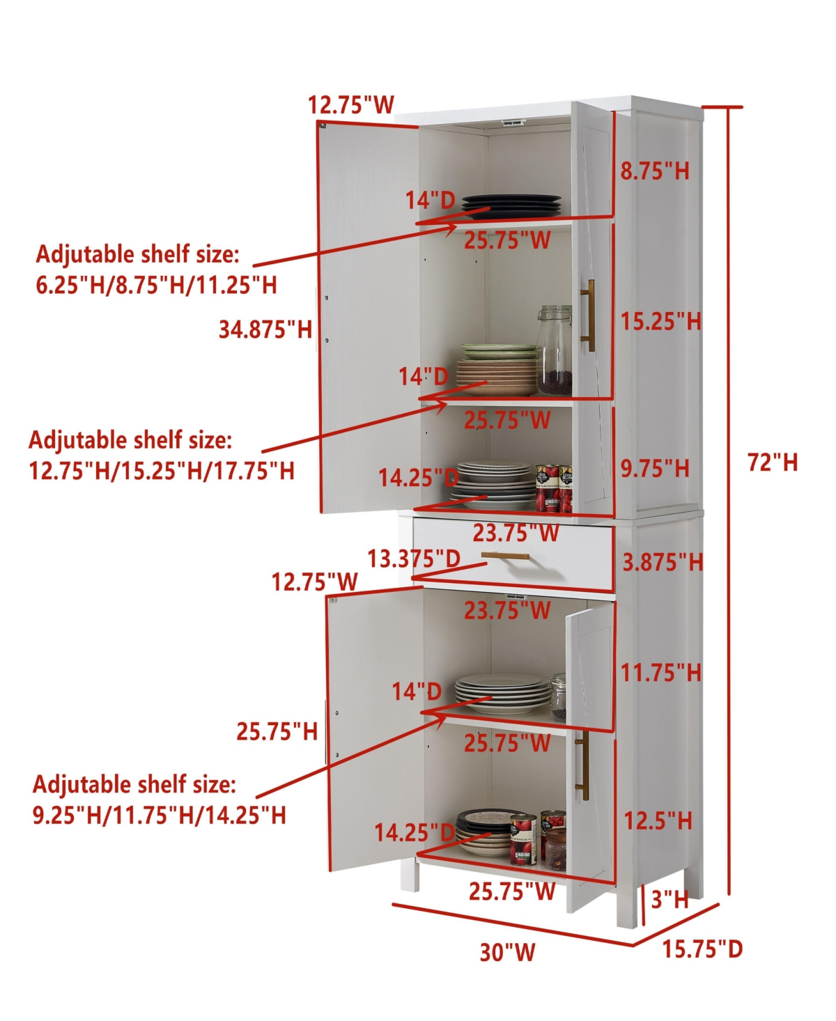 Kings Brand Furniture Freestanding Kitchen Pantry Storage Cabinet Cupboard with Doors Adjustable Shelves & Drawer - White