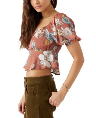 Juniors' Autumn Floral-Print Cropped Puffed-Sleeve Top