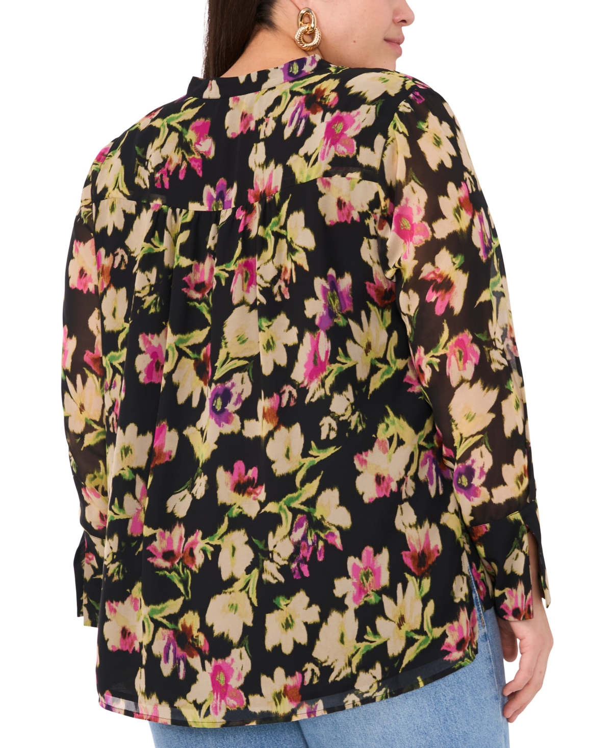 Vince Camuto Plus Size Floral-Print Split-Neck Long-Sleeve Top