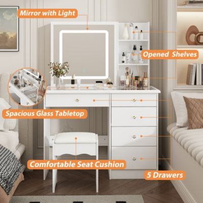 White Wood Makeup Vanity Set Dressing Desk with Glass Top