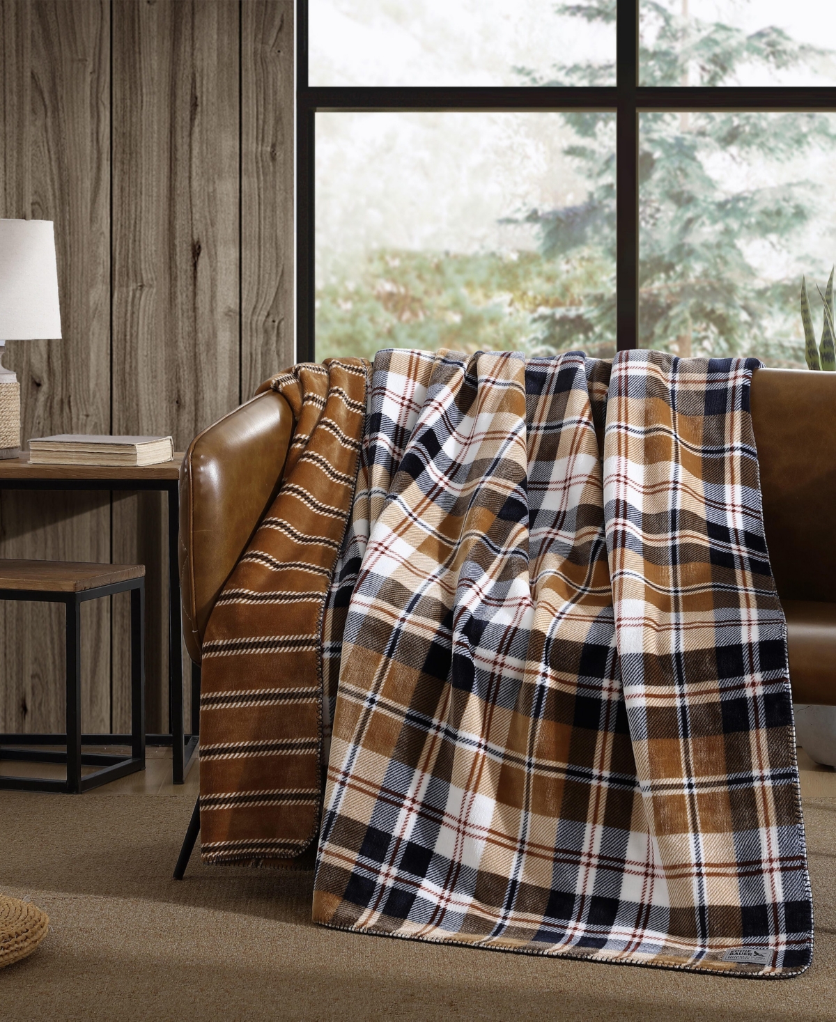 Eddie Bauer Trailhead Plaid Plush Reversible Blanket, King In Camel,navy