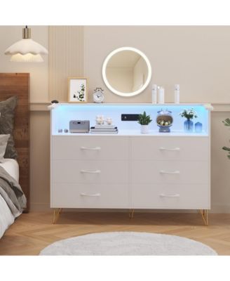 Pink Dresser with LED Light for Bedroom 6 Drawer