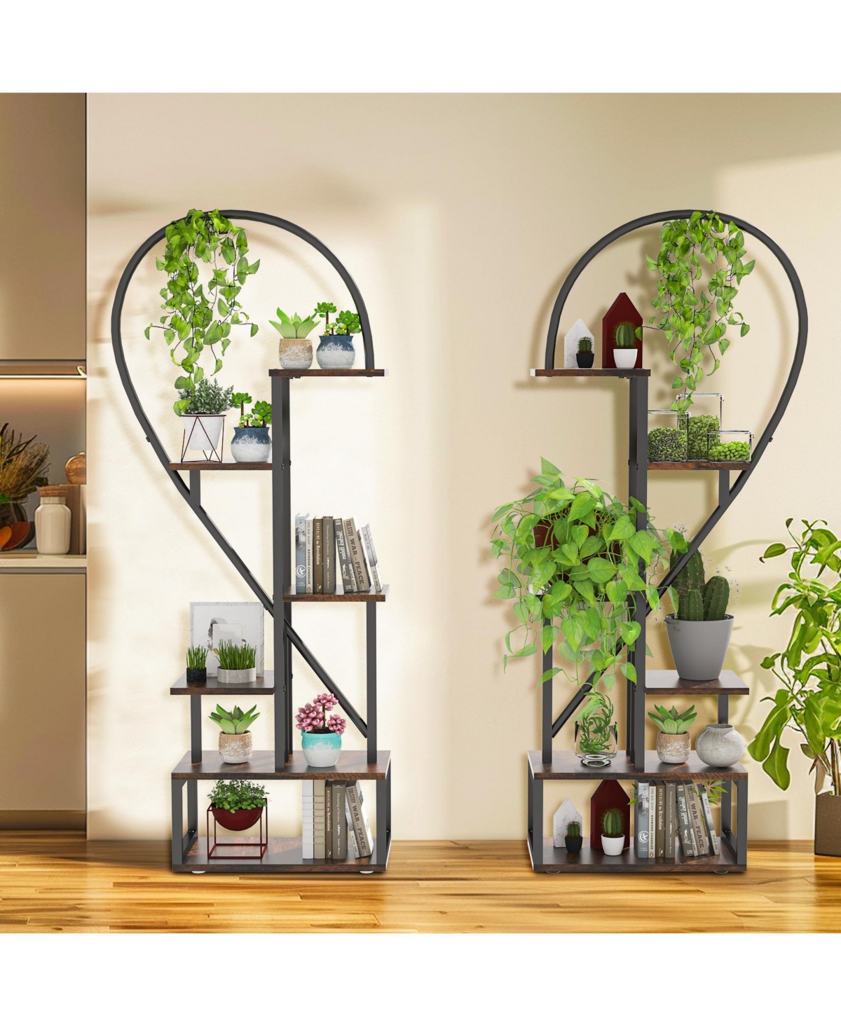 Unho 2 Pack Half Heart Shaped Ladder Planter Pot Holder Multilayer Display Shelf - Black  brown