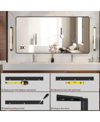 Black Metal Framed Bathroom Mirror for Over Sink 72 36" Vanity Rounded Rectangle Wall Mirror with 3X Magnifying Gass Wall Mounted Home Decor (Hangs Horizontally or Vertically)