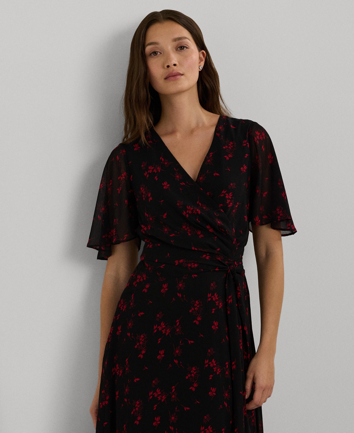 Lauren Ralph Lauren Women's Floral Belted Crinkle Georgette Dress -red
