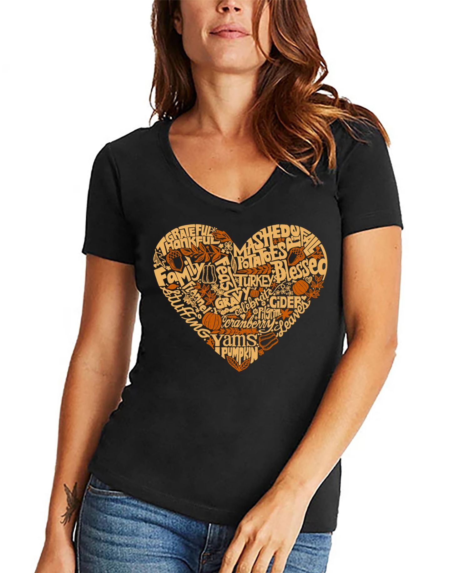 Women's Thanksgiving Heart Word Art V-Neck T-shirt