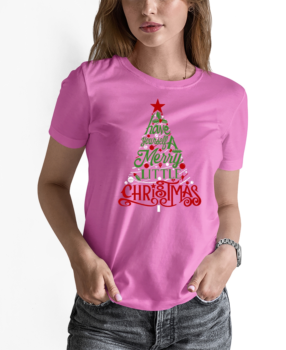 Shop La Pop Art Women's Have Yourself A Merry Little Christmas Word Art Crew Neck T-shirt In Pink