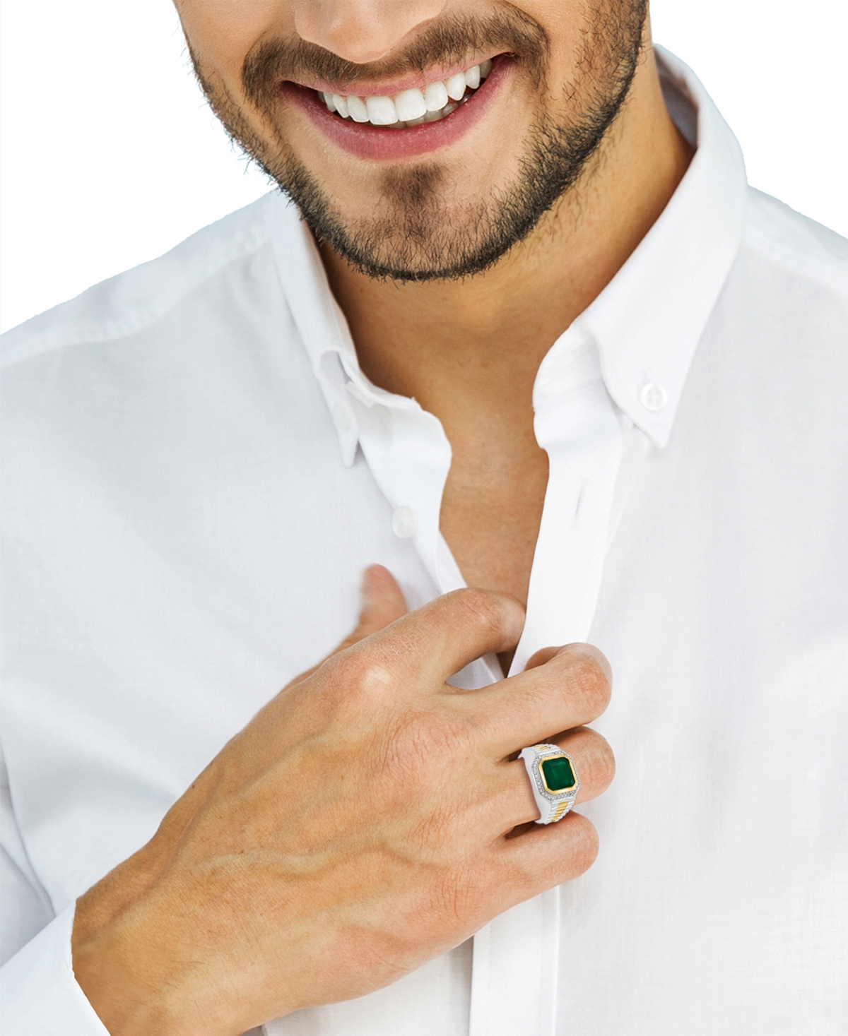 Effy Collection Effy Men's Green Onyx & Diamond (1/5 Ct. T.w.) Halo Ring In Sterling Silver & 18k Gold-plate In Silver