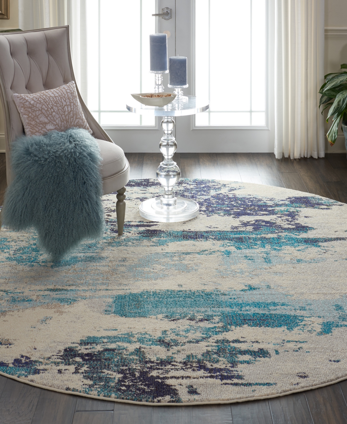 Nourison Home Celestial Ces02 7'10"x7'10" Round Area Rug In Ivory,teal