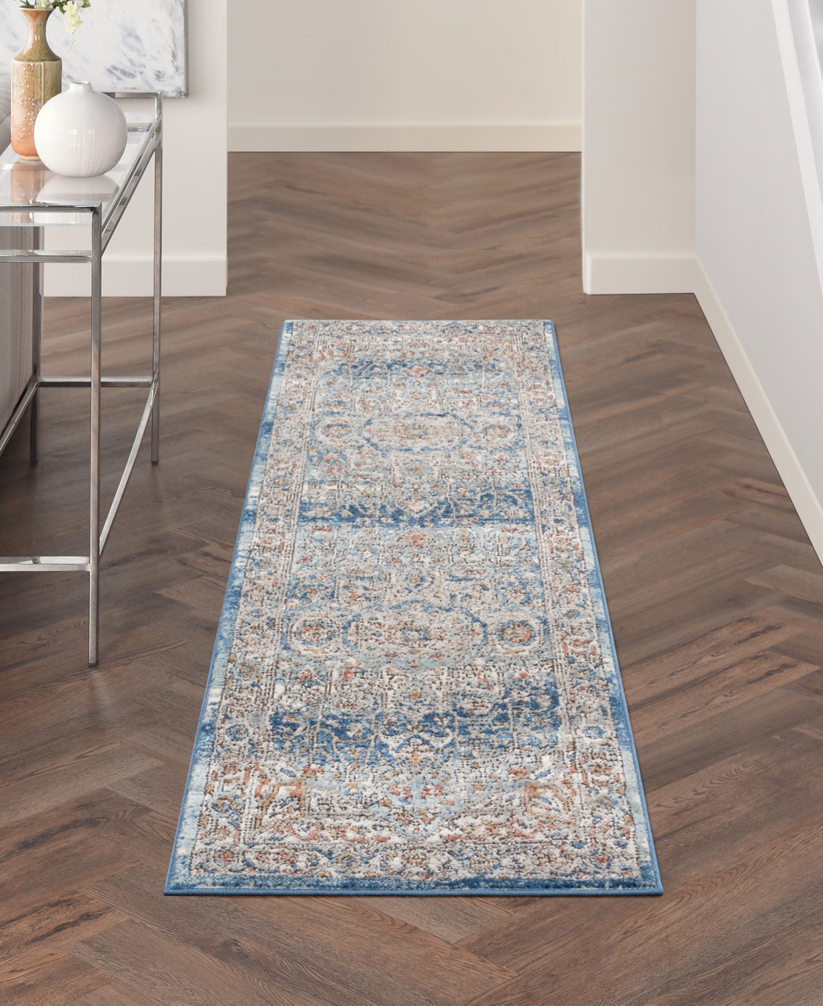 Nourison Home Quarry Qua11 2'2"x7'6" Runner Area Rug In Ivory,blue