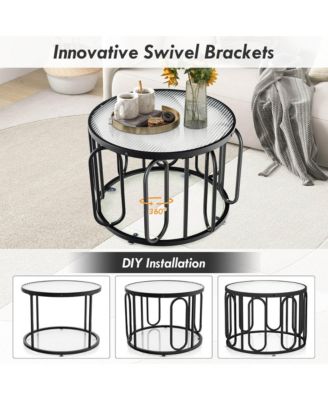 2-Tier 24'' Round Coffee Table w/ Oval Swivel Brackets & Reeded Tempered Glass Gold