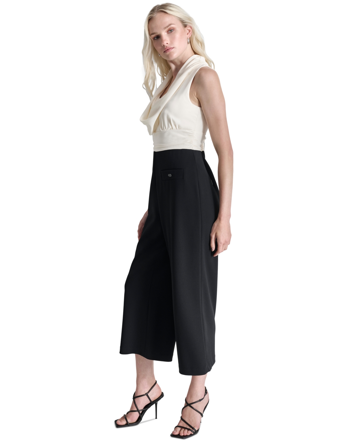 Dkny Women's Cowlneck Patch-Pocket Cropped Jumpsuit -Black