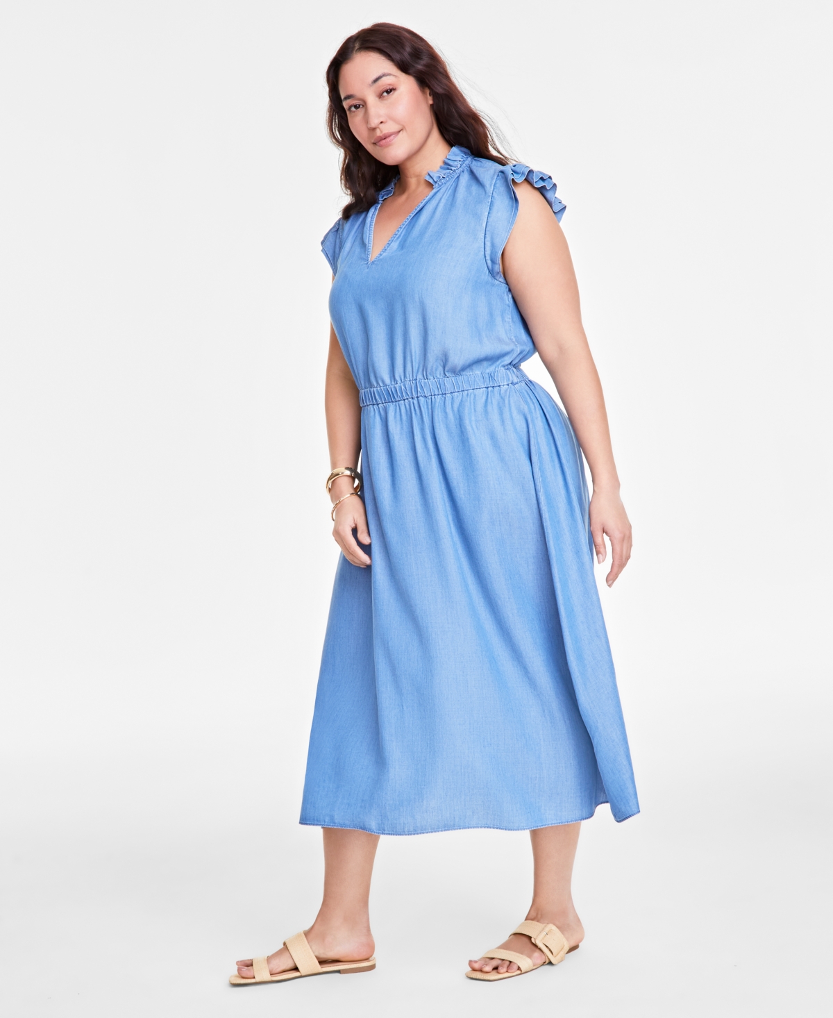 On 34th Trendy Plus Split-neck Flutter-sleeve Midi Dress, Exclusively At Macy's In Spring Wash