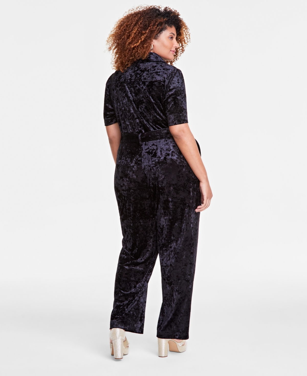 On 34th Trendy Plus Velvet Belted Short-sleeve Jumpsuit, Exclusively At Macy's In Deep Black