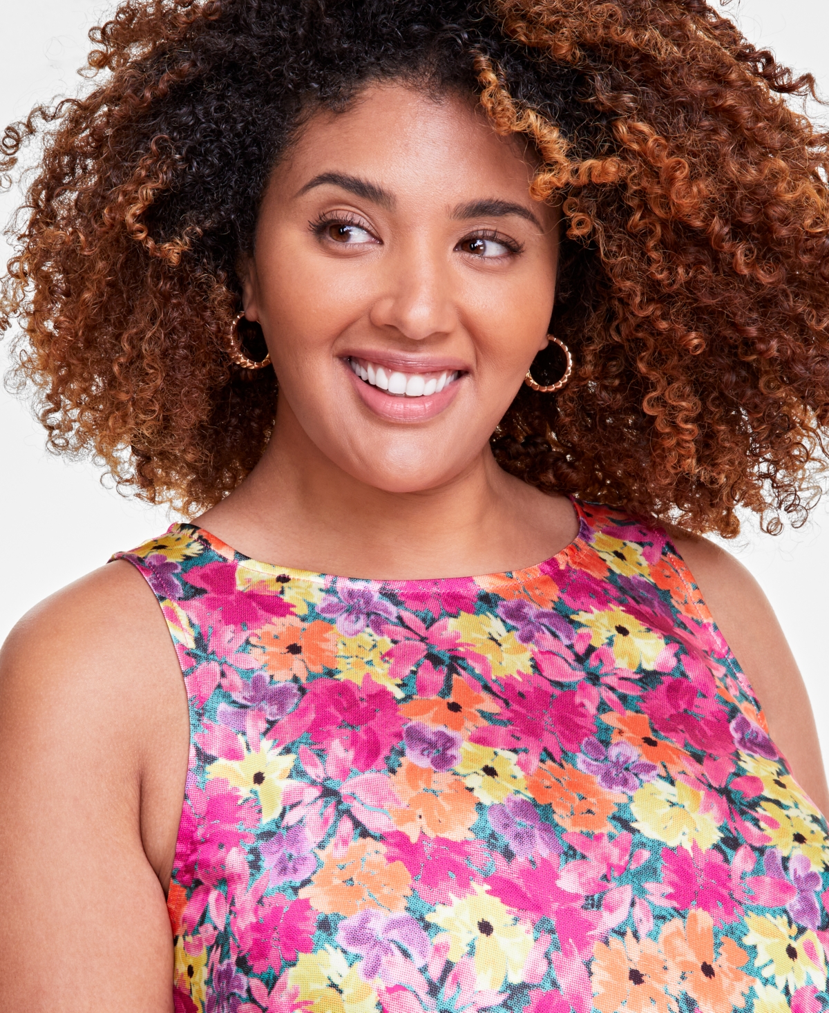 ON 34TH TRENDY PLUS FLORAL SATIN ROUND-NECK MINI DRESS, EXCLUSIVELY AT MACY'S 