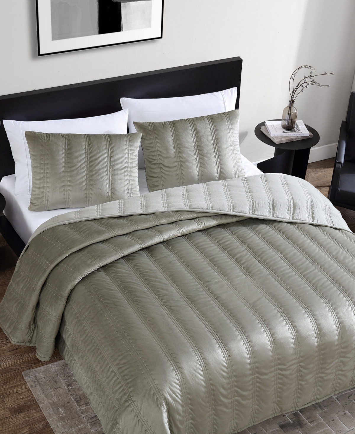 Vera Wang Closeout!  Linear Stitch Velvet 3-pc. Quilt Set, King In Gray