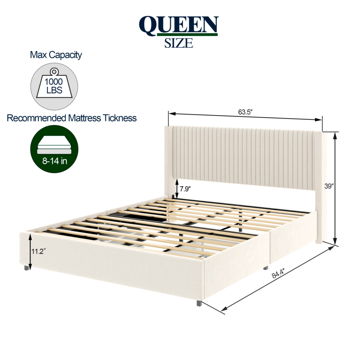 Streamdale Furniture Anna Patented 2-Drawer Storage Bed Queen SizeVelvet Upholstered Wingback Platform Bed, Modern Design Headboard with Tight