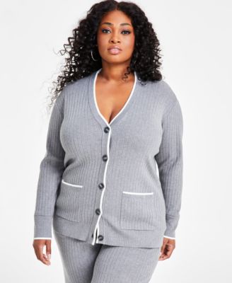 Nina Parker - Trendy Plus Size Rib-Knit Henley Cardigan