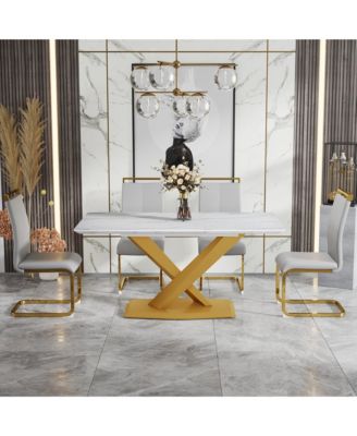 Table and chair set, The table is equipped with a marble patterned MDF tabletop and gold table legs.The chair is equipped with PU synthetic leather high back cushion and gold coated metal legs.