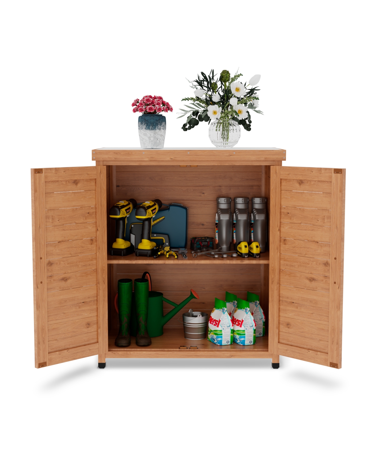 Streamdale Furniture Potting Bench with Storage Cabinet and Metal Table Top for Outdoor Patio, Outdoor Work Station Table