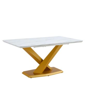 Table and chair set, The table is equipped with a marble patterned MDF tabletop and gold table legs.Dining chairs, gold legged upholstered chairs made of artificial leather.