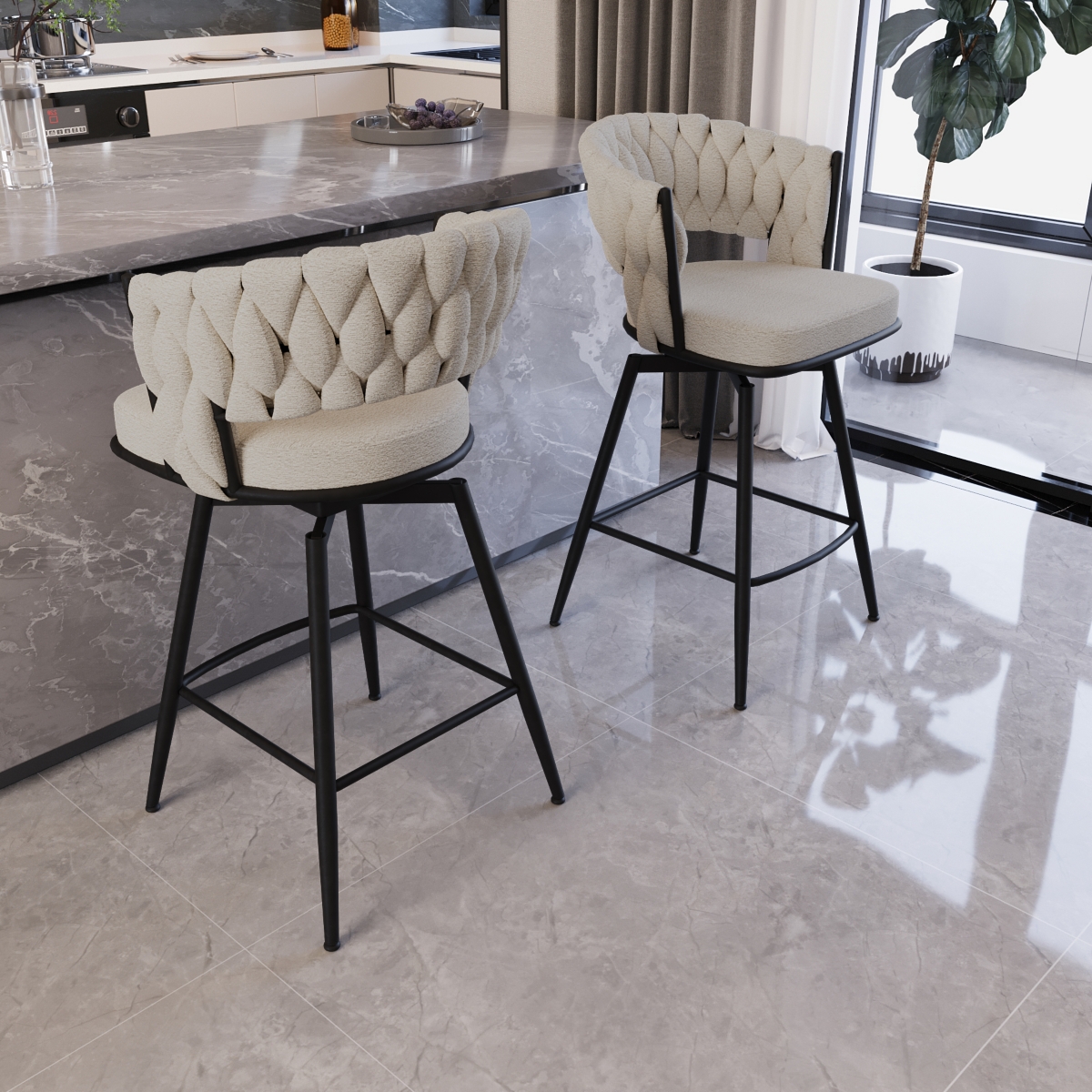 Simplie Fun Bar Chair Toweling Woven Bar Stool Set of 2,Black legs Barstools No Adjustable Kitchen Island Chairs,360 Swivel Bar Stools Upholstered Cou