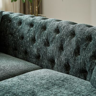 82-Inch Chenille Pull Buckle Design Sofa for Living Room, Buttons Tufted With Copper Nail Decoration Armrest, Modern Couch Upholstered Button And Metal Legs