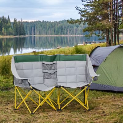 Loveseat Style Camping Chair, Oversized Folding Lawn Chair with Carry Bag & Cup Holders, for Outdoor, Beach, Picnic, Hiking, Travel, Green & Gray