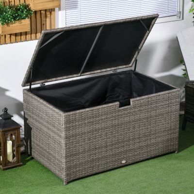 113 Gallon Deck Box, Rattan Outdoor Storage Box, Waterproof Storage Container for Indoor, Patio Furniture Cushions, Pool Toys, Garden Tools, Gray