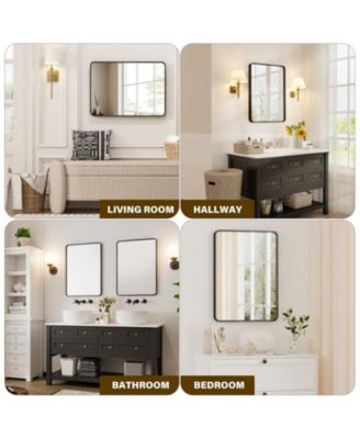 Black Metal Framed Bathroom Mirror for Wall, 24X32 Inch Rounded Rectangle Mirror, Matte Black Bathroom Vanity Mirror, Environmentally Friendly Resin Mirror, Anti-Rust, Hangs Horizontally or Vertically