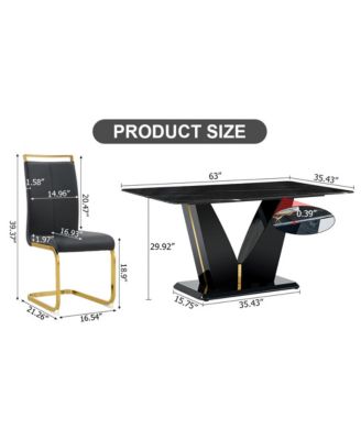 Table and chair set, Modern minimalist rectangular dining table, 0.4 inch thick, with a black imitation marble pattern glass desktop and black MDF legs. Comfortable PU seats, perfect for dinner, meet