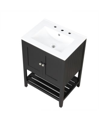 24" Black Modern Sleek Bathroom Vanity Elegant Ceramic Sink with Solid Wood Frame Open Style Shelf