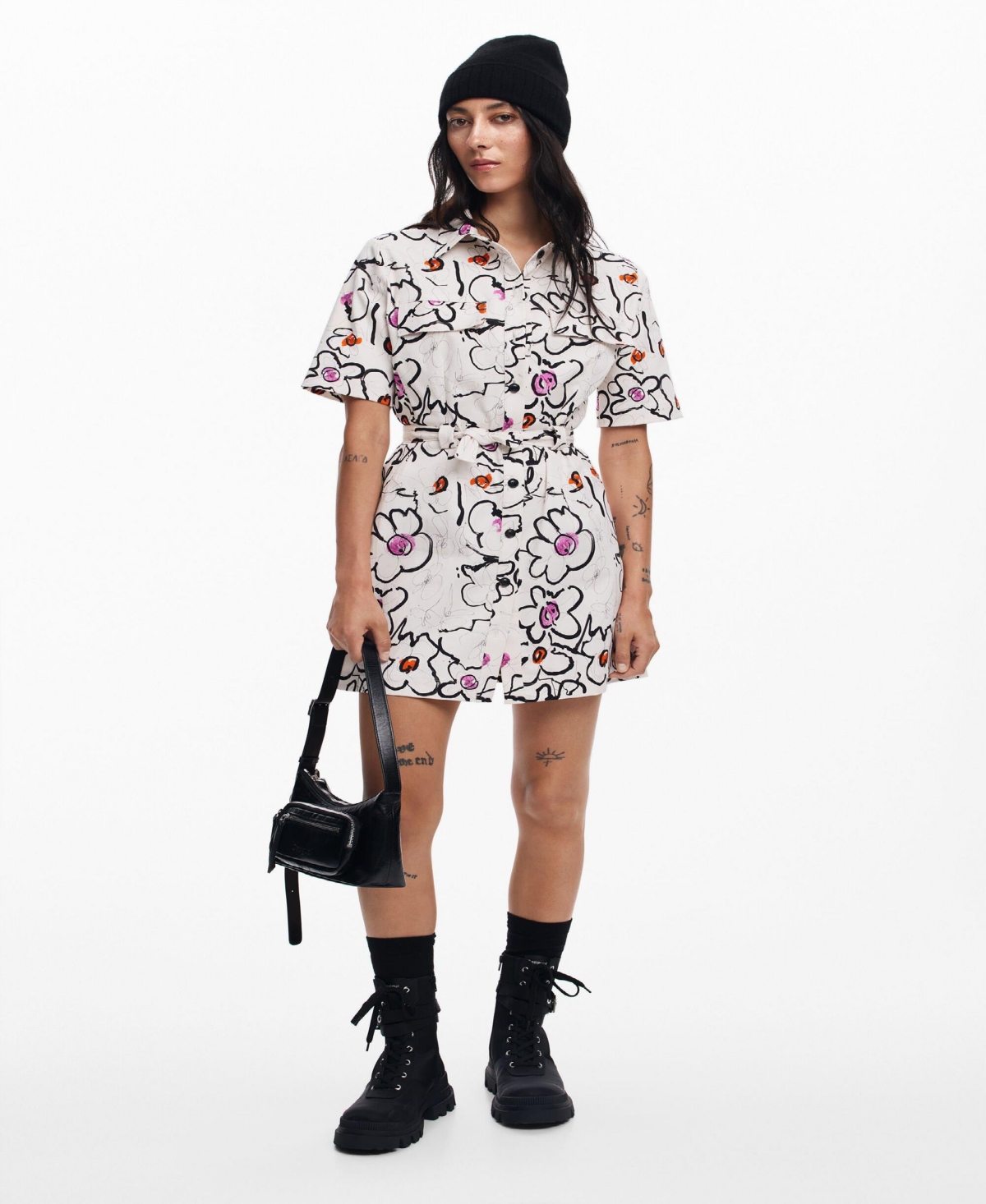 Women's Dress with Drawn Flowers - White