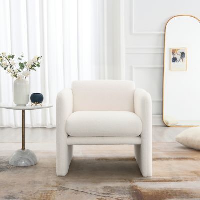 Woven Metal Accent Armchair in White Teddy Fabric