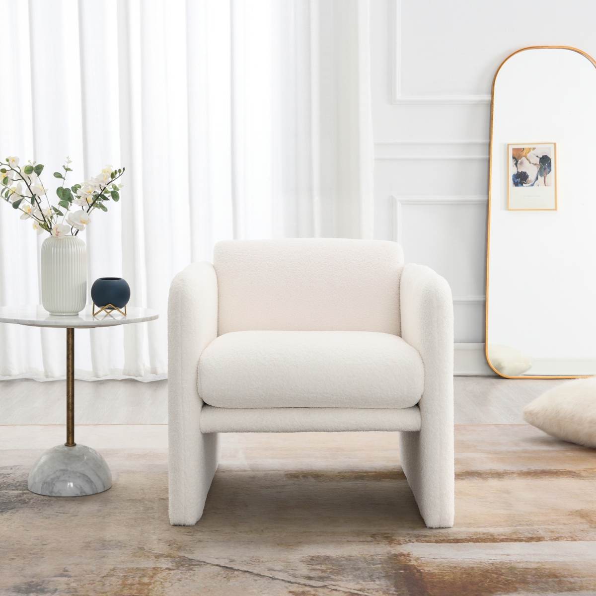 Simplie Fun Arm Chair with waved arms, Metal decoration on both side arms, Accent chair for Primary Living Space, Living room, Bedroom, Teddy Fabric,