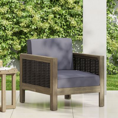 Acacia Wood Club Chair With Wicker Accents And Water-Resistant Cushions