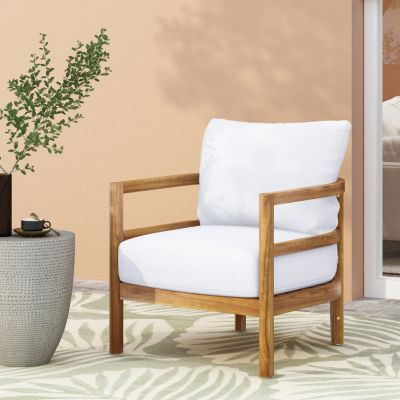 Outdoor Acacia Wood Patio Club Chair, Wood Patio Furniture, Waterproof Thick Cushion Deep Seating For Porch, Garden, Backyard, Balcony, Weight Capacity 400Lbs, Light Teak Finish, White