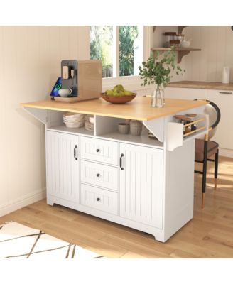 CARB-Certified MDF Drop Leaf, Power Outlet, 3 Drawers, 2 Cabinets, Waterproof Finish Multifunctional Kitchen Island