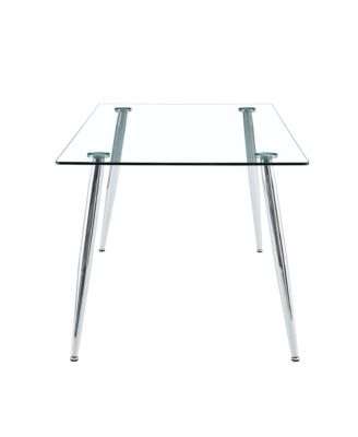 Table and chair set.Modern rectangular glass dining table with tempered glass countertop and silver metal legs, paired with multiple transparent high-quality PET dining chairs with silver legs.