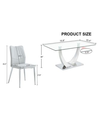Table and chair set.Contemporary, minimalist rectangular dining table featuring a clear tempered glass top and sleek silver legs. Paired with chairs made of PU material cushion and silver metal legs.