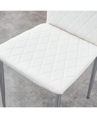 Table and chair set.A rectangular dining table features with tempered glass top and sleek white MDF stand.Paired with 6 PU chairs with checkered armless high back and electroplated metal legs.