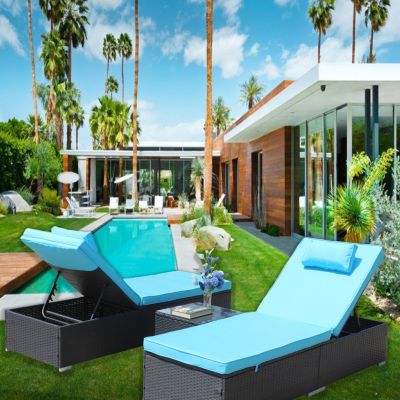 3-Piece Outdoor Patio Furniture Set Chaise Lounge, Patio Reclining Rattan Lounge Chair Chaise Couch Cushioned with Glass Coffee Table, Adjustable Back and Feet, Lounger Chair for Pool Garden, Blue