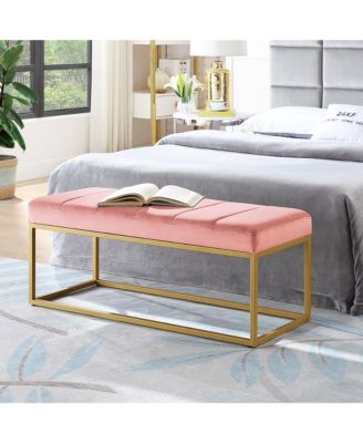 Modern Tufted Channel Entryway Bench Emerald Velvet Upholstered End of Bed Bench with Metal Frame, Footboard Bench for Living Room, Bedroom