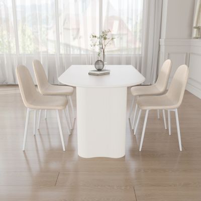 63" MDF New Cream Style Coffee Table and Modern Dining Chair 4-piece Set, Modern Fashion Kitchen Table Set, Round Wave Table Legs, Dining Table and linen Chair