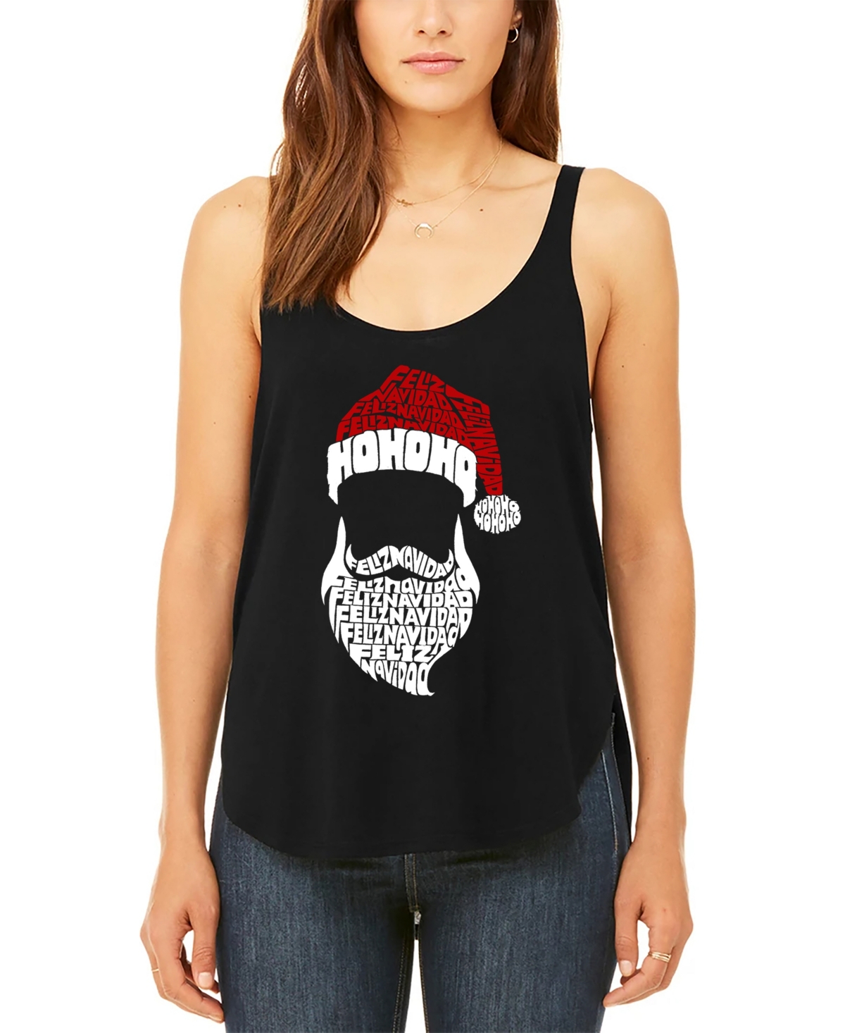 LA POP ART WOMEN'S FELIZ NAVIDAD SANTA CLAUS PREMIUM WORD ART FLOWY TANK TOP 